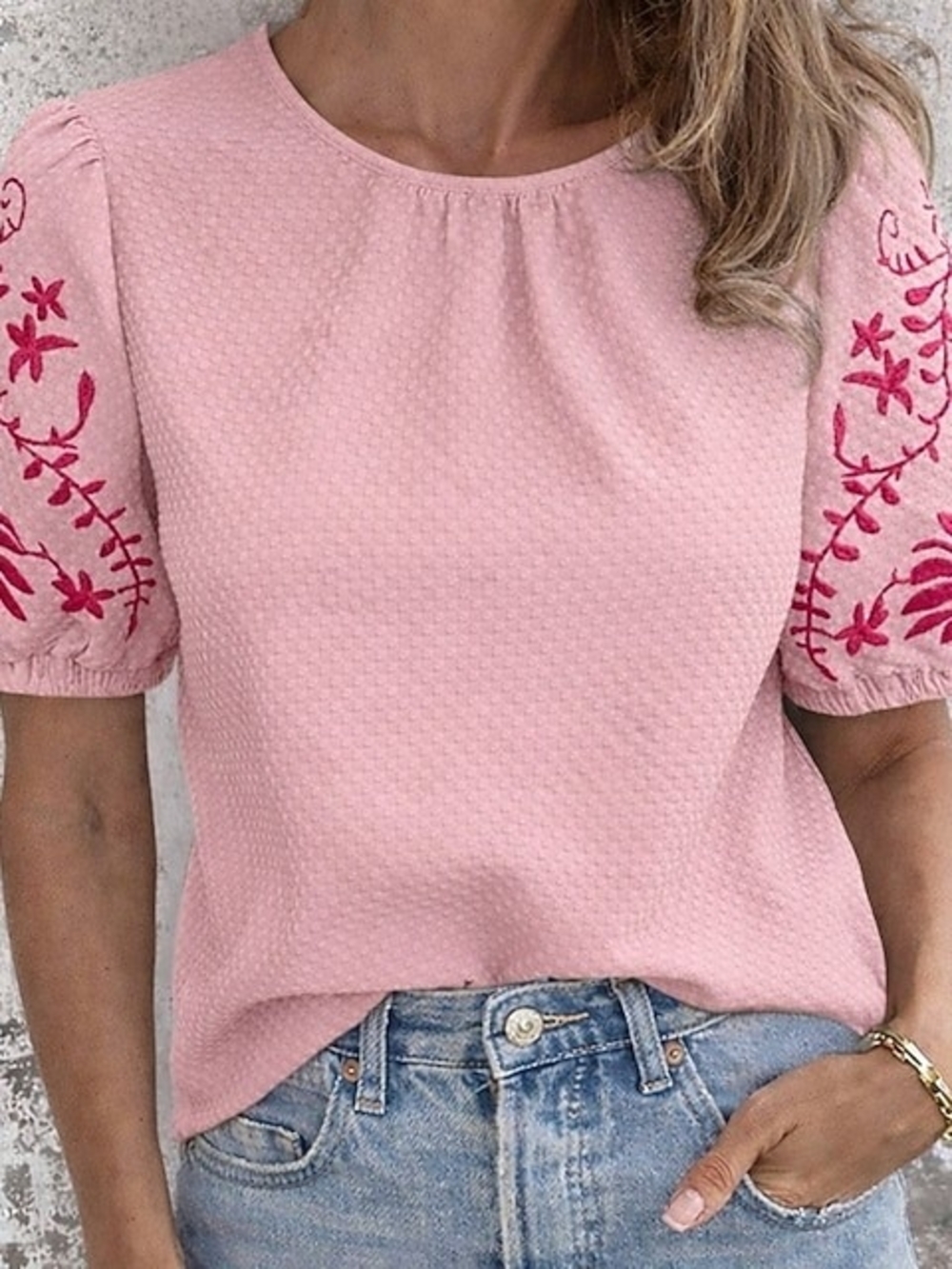 Women's Pink Embroidered Puff Sleeve Top - Picture 2 of 2